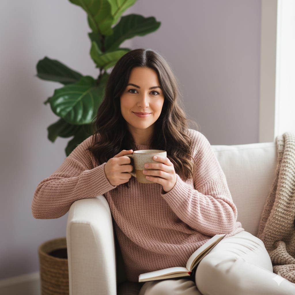 A woman sits peacefully on a light-colored sofa, wrapped in a pink knitted sweater and soft-toned pants. She holds a ceramic mug with both hands, savoring a warm drink during a moment of mindful pause. An open journal rests on her lap, suggesting reflection, intention-setting, or tracking her intermittent fasting journey. Behind her, a leafy green plant and lavender-colored walls create a serene, nurturing atmosphere — a visual metaphor for hormonal balance and feminine wellness. This image evokes the essence of intermittent fasting for women: gentle routines, emotional alignment, and intuitive self-care. It reflects the SheFasts approach — where fasting is not about restriction, but about reconnecting with the body’s natural rhythms and embracing calm, nourishing rituals. Feminine and peaceful scene of a woman practicing mindful self-care during her intermittent fasting routine. Sitting on a soft sofa with a warm drink and journal, she embodies balance, hormonal wellness, and gentle reflection — aligned with the SheFasts philosophy of intuitive fasting for women.